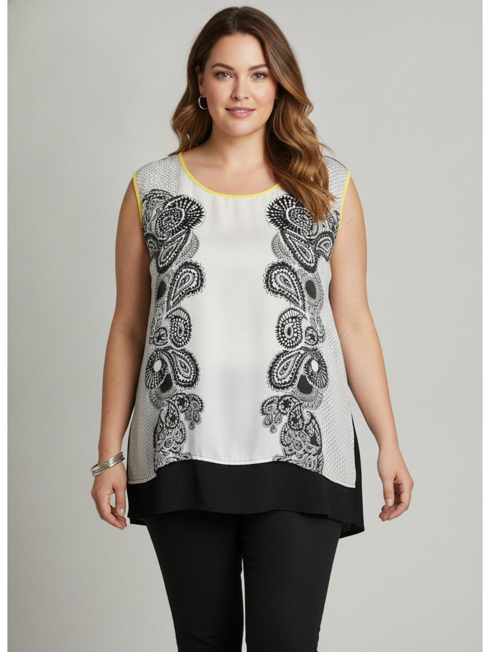 Worthington Sleeveless Black and White Paisley Print Blouse with Yellow Trim - Picture 7 of 7